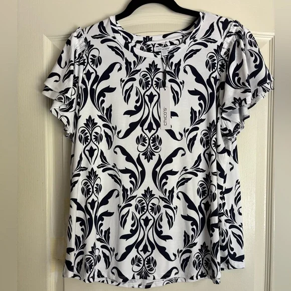 NWT Chico’s Touch of Cool Swirl Ruffle Sleeve Tee Navy - Picture 3 of 7